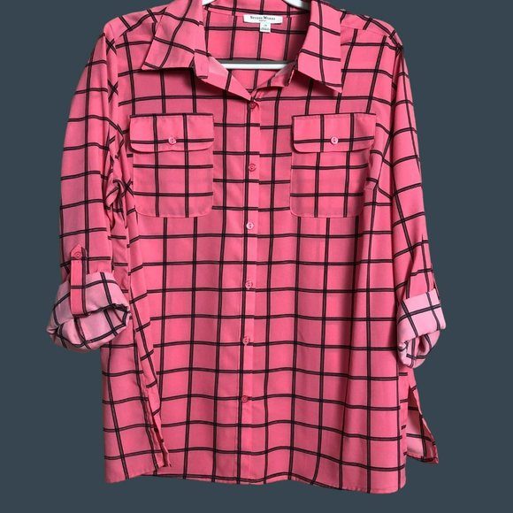 Studio Works Tops - Studio Works 2X Pink Window Pane Roll Sleeve Blouse